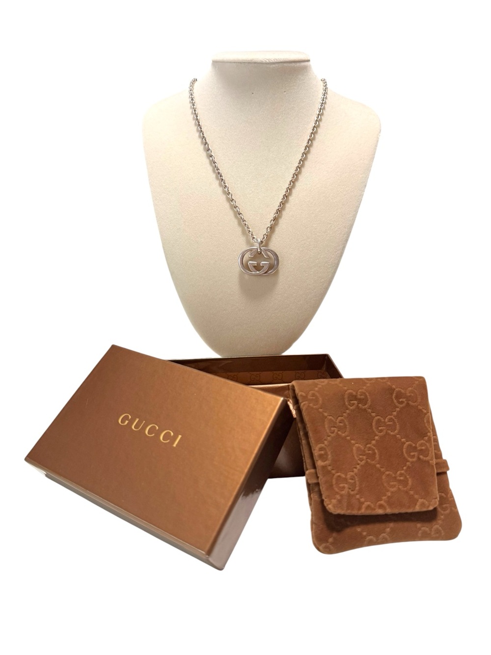 Gucci Sterling Silver Interlocking Double GG Pendant Necklace 20” Full Set